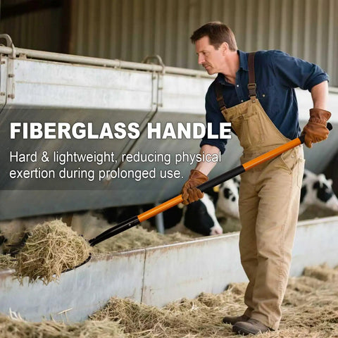 Man using 5 Tine Pitchfork For Gardening Heavy Duty With Fiberglass Handle Garden Fork For Mulching And Hauling Debris indoors.