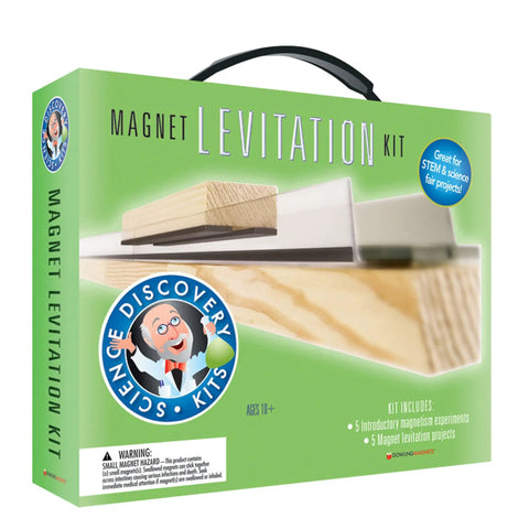 Packaging of Magnet Levitation Science Kit with cartoon scientist logo and train image for STEM learning.