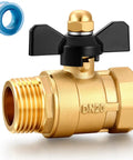 Full Port Brass Garden Hose Shut Off Valve With Butterfly Handle For Maximum Flow Three Quarter Inch GHT Threads shown with tape.