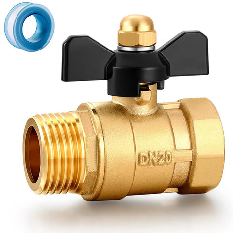 Full Port Brass Garden Hose Shut Off Valve With Butterfly Handle For Maximum Flow Three Quarter Inch GHT Threads shown with tape.