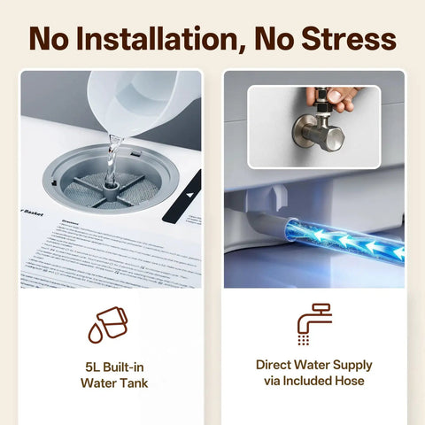 Nifty Portable Countertop Dishwasher For Tight Quarters Handles Four Place Settings On Dual Racks With Swift Cycles showing built-in water tank and hose installation.