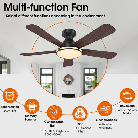 Ceiling Fans,46" RGB Low Profile Ceiling Fans with Lights, Wood-like Blades in modern living room setting.