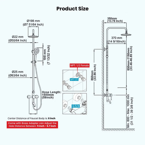 Top Shelf 304 Stainless Steel Outdoor Shower Kit With 8 Inch Rainfall Head And Handheld Sprayer In Slick Matte Black Finish dimensions and measurements diagram.