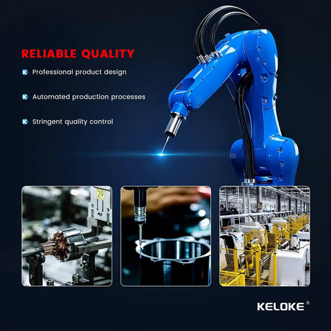 Automated manufacturing process showcasing blue robotic arm for quality control in production.
