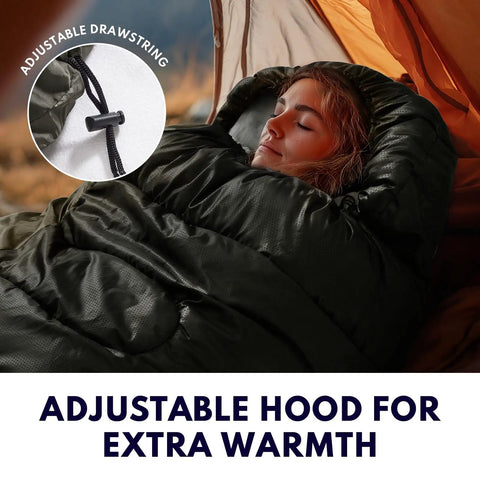 Person sleeping in XXL Winter Sleeping Bag For Adults And Kids, 4 Season Cold Weather Camping Gear with Draft Collar, in tent.