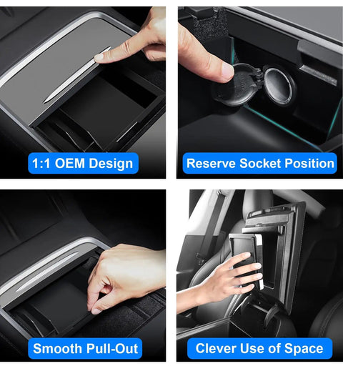 Five Piece Center Console Organizer Kit For Tesla Model 3 And Model Y 2021 To 2024 OEM Style Fit in use inside vehicle.