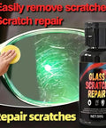 Fast Acting Eyeglass Scratch Remover 50g bottle and hand applying polish to scratched lens with sponge.