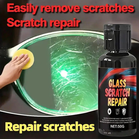 Fast Acting Eyeglass Scratch Remover 50g bottle and hand applying polish to scratched lens with sponge.