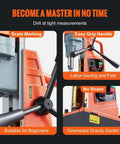 Heavy Duty 1550W Magnetic Drill Press With Two Inch Boring Diameter And Thirteen Thousand Newton Holding Force. Portable Variable Speed Electric Drilling Machine showing easy grip handle and scale marking.