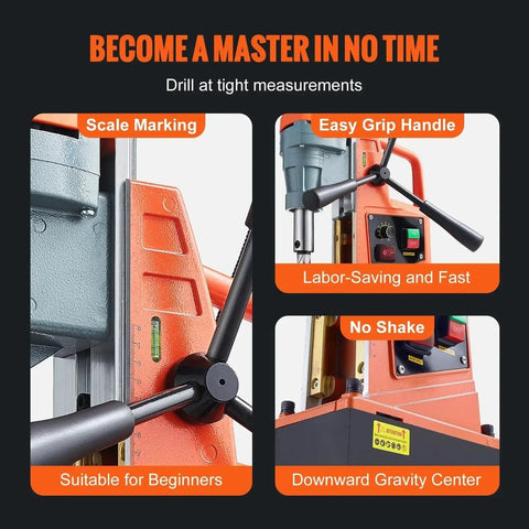 Close-up of features on Powerful 1550W Magnetic Drill with 2 Inch Boring Capacity 13000N Pull 500 RPM, easy grip handle and scale marking.