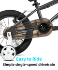Close-up of training wheels and drivetrain on Lomand 16 Inch Kids Bike With Training Wheels For Boys And Girls Ages 4 To 7, in gray