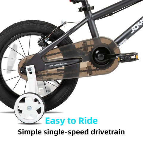 Close-up of training wheels and drivetrain on Lomand 16 Inch Kids Bike With Training Wheels For Boys And Girls Ages 4 To 7, in gray