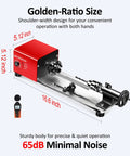 3/4 front view of red WM101A-Plus mini wood lathe on benchtop with tailstock (Amazon brand)