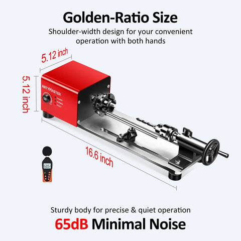 3/4 front view of red WM101A-Plus mini wood lathe on benchtop with tailstock (Amazon brand)
