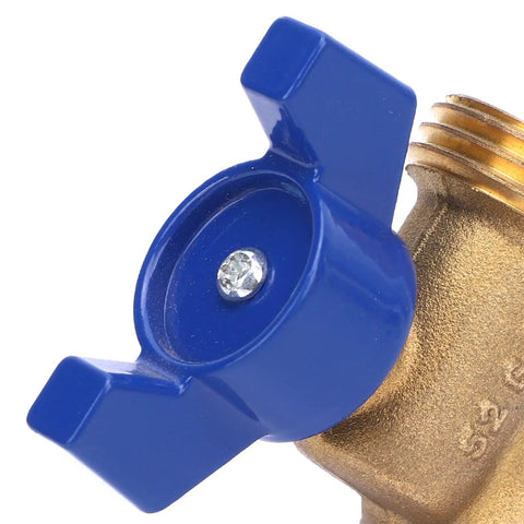 Close-up of the blue handle on a Heavy Duty Quarter Turn Ball Valve Brass G1/2 Female Thread To G3/4 Male Thread Plumbing Connector.