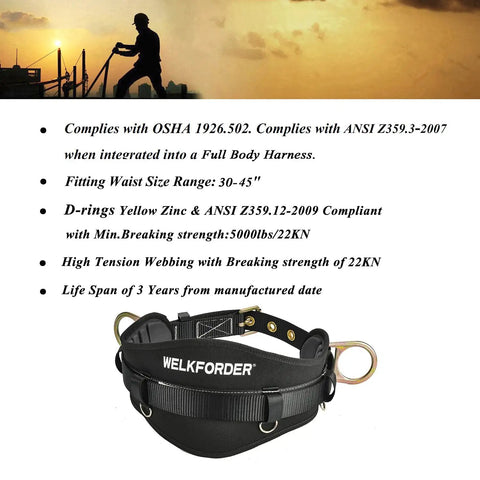 Tongue Buckle Body Belt With Waist Pad And Dual Side D Rings Safety Harness For Work Positioning And Restraint