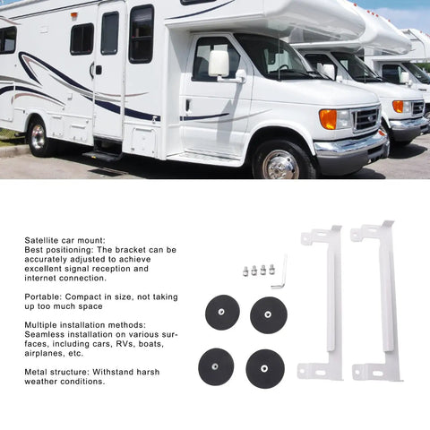 Graphic showing components of Versatile Mini Satellite Car Mount Kit With Magnetic Base, displayed with RV in background.