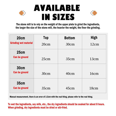 Size chart for Natural Granite Hand Crank Mill Grinder For Beans Grains Spices And Herbs Handmade Wooden Frame Dry And Wet Grinding Stone Burr Dope Kitchen Coffee Flour Mill 35cm.