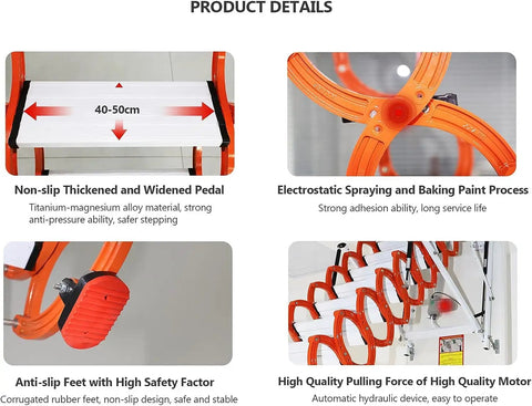 Heavy Duty Electric Remote Control Attic Ladder Crafted From Slick Titanium Magnesium Alloy with non-slip widened pedal detail.