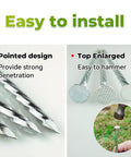 Close-up of Heavy Duty 50 Pack Galvanized Landscape Stakes 10 Inch Spiral Spikes with pointed design and enlarged tops for easy installation.