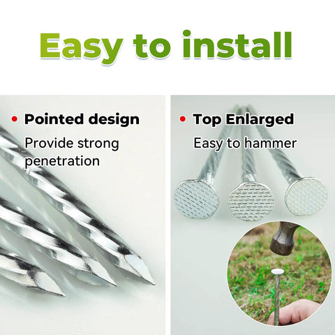 Close-up of Heavy Duty 50 Pack Galvanized Landscape Stakes 10 Inch Spiral Spikes with pointed design and enlarged tops for easy installation.