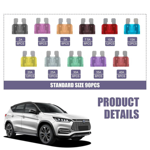 All In One 300 Piece Car Blade Fuse Kit with color-coded 90 standard size fuses and SUV image
