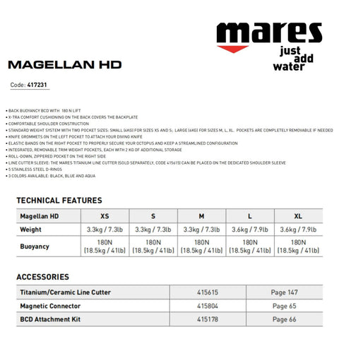 Product specifications for Mares Magellan HD Backmount Scuba BCD With 180 N Lift Ultra Lightweight Foldable Dive Jacket size options.