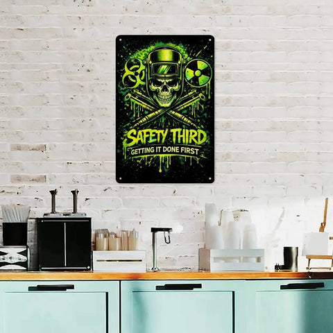 Safety Third Aluminum Sign 8x12 Vertical Poster Built Tough Rustproof Metal Art For Man Cave Decor on brick wall