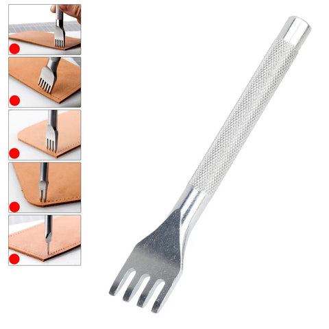 Leather Prong Punch Tool For Crafting And Shoe Repair, Beefed-Up High Speed Steel Lacing Chisel Set With Non Slip Handle, 3mm Tooth Spacing, 4 Teeth Hole Punches For Industrial Use on leather