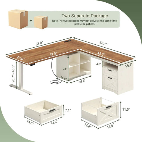 No Sweat 66 Inch Farmhouse L Shaped Standing Desk With Smooth Electric Height Adjustment Three Memory Presets LED Screen dimensions and components