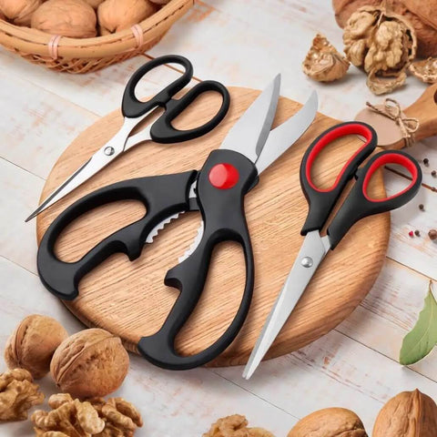 Boss All Purpose Kitchen Scissors 3 Pack Set for Poultry Fish and Vegetables displayed on wooden board with walnuts