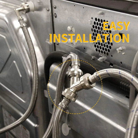 4 Ft Steam Dryer Hose Installation Kit with 90 Degree Space Saver Elbow, 1 Ft Inlet Adapter and Brass Y Connector installed on dryer