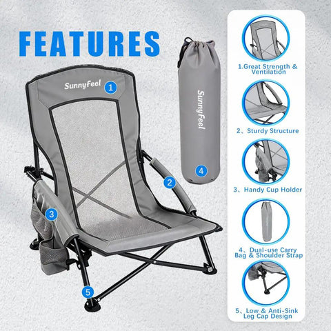 Low Profile Folding Beach Chair Twin Pack With Mesh Back and Cup Holder, features include easy carry bag and anti-sink legs.