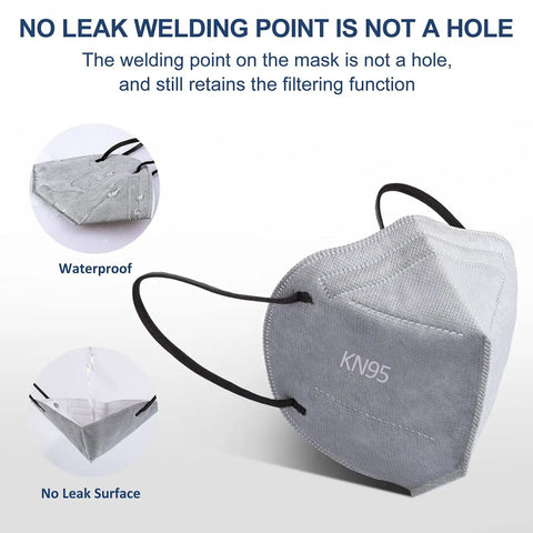 KN95 Face Mask 30 Pack Individually Wrapped 5 Ply Breathable Dust Shield showing no-leak welding and waterproof design