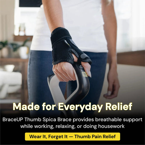 Person holding handle wearing Thumb Spica Splint Brace For Right Or Left Hand With CMC Thumb Support, black, one size fits most