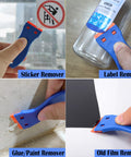 1.5 Inch Plastic Razor Scraper with Ten Double Edged Blades removing labels, stickers, glue, and decals from surfaces.