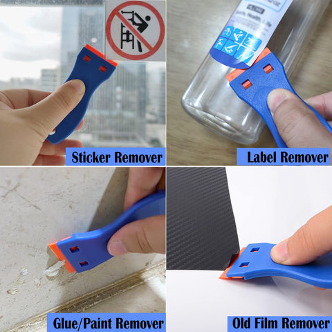 1.5 Inch Plastic Razor Scraper with Ten Double Edged Blades removing labels, stickers, glue, and decals from surfaces.