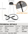 Cool Modern Irregular Ring LED Pendant Light Fixture For Dining Room Kitchen Hallway And Living Spaces Adjustable Contemporary Chandelier With 6000K Daylight Bright White Tone Sleek Metal Build And Minimalist Design, adjustable height, technical details display