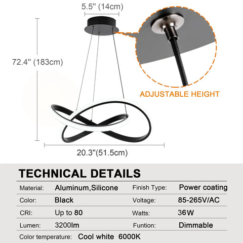 Cool Modern Irregular Ring LED Pendant Light Fixture For Dining Room Kitchen Hallway And Living Spaces Adjustable Contemporary Chandelier With 6000K Daylight Bright White Tone Sleek Metal Build And Minimalist Design, adjustable height, technical details display