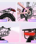 Close-up of 24 Inch Electric Bike For Adults With Peak 1000W Motor Up To 28 MPH 48V 13Ah Removable Battery Up To 75 Miles Step Through City Cruiser Ebike Commuter With 7 Speed Front Basket Pink showing back shelf, disc brakes, front light, and taillight.