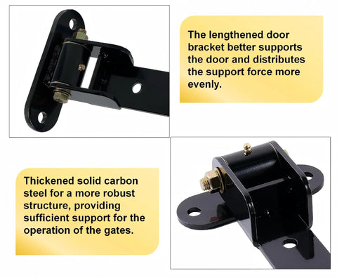 Beefy 13 Inch Heavy Duty Gate Hinges That Handle 900 Lbs Load Capacity, shown with black metal plate and bolts