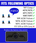 Two Size Screw Kit For Battery Tray Of Holosun Optics Includes Installation Tools Ten Point Nine Grade Carbon Steel With Blue Threadlocker Compatible With 407k 507k 407c 508c 508t 509t ACSS Vulcan And Comp Models with optic compatibility list.