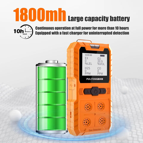 Portable 4 Gas Detector For LEL O2 CO H2S With LCD Display And Rechargeable Battery, shown with large capacity battery indicator