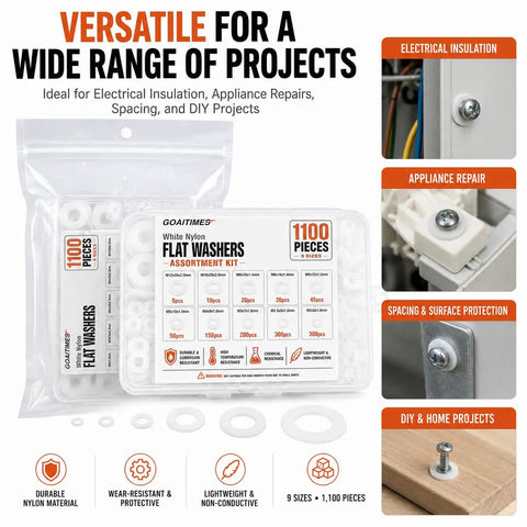 Slick Metric Nylon Washer Assortment Kit White Flat Discs M2 Through M12 1100 pieces in packaging for DIY repairs, electronics fixes.