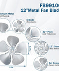 Diagram of FB99100 12-inch metal fan blade with anti-warping, 32-degree pitch, and set screw for attic ventilation motor kit.