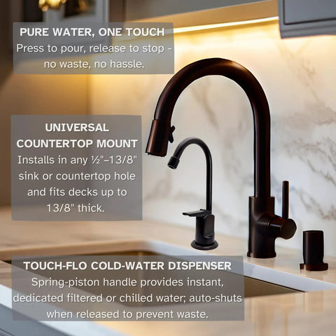 Cool Touch-Flo Style Pure Cold Water Dispenser Faucet In Oil Rubbed Bronze, Six And A Half Inch Tall With Black Plastic Spring Piston Handle