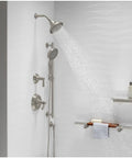 Bathroom with shower showing Bancroft Wall Mount Supply Elbow With Check Valve Backflow Prevention, modern setup with shelves.