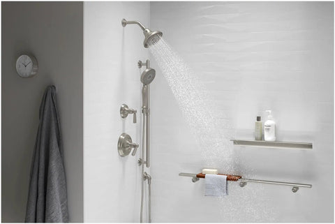 Bathroom with shower showing Bancroft Wall Mount Supply Elbow With Check Valve Backflow Prevention, modern setup with shelves.