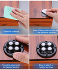 Peel Stick Mini Caster Wheels With Slick 360 Swivel Action And Super Grabby Adhesive Backing, 16 Pack Of Low Profile Nylon Rollers For Moving Furniture And Storage Bins Without The Hassle, White installation steps showing cleaning, peeling, and attaching process.