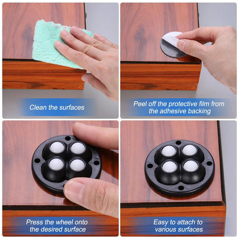 Peel Stick Mini Caster Wheels With Slick 360 Swivel Action And Super Grabby Adhesive Backing, 16 Pack Of Low Profile Nylon Rollers For Moving Furniture And Storage Bins Without The Hassle, White installation steps showing cleaning, peeling, and attaching process.